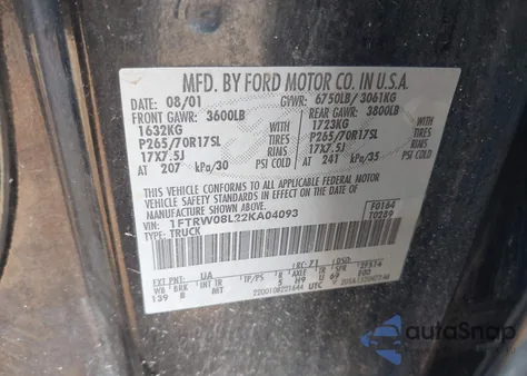 2002 Ford F150 Supercrew z USA, uszkodzony, nr VIN 1FTRW08L22KA04093